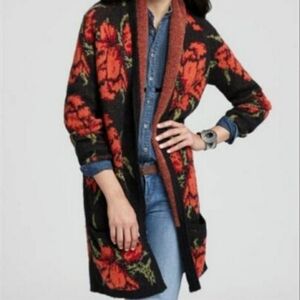 Free People Black Red Flower Power Floral Rose Wool Boho Cardigan Sweater S